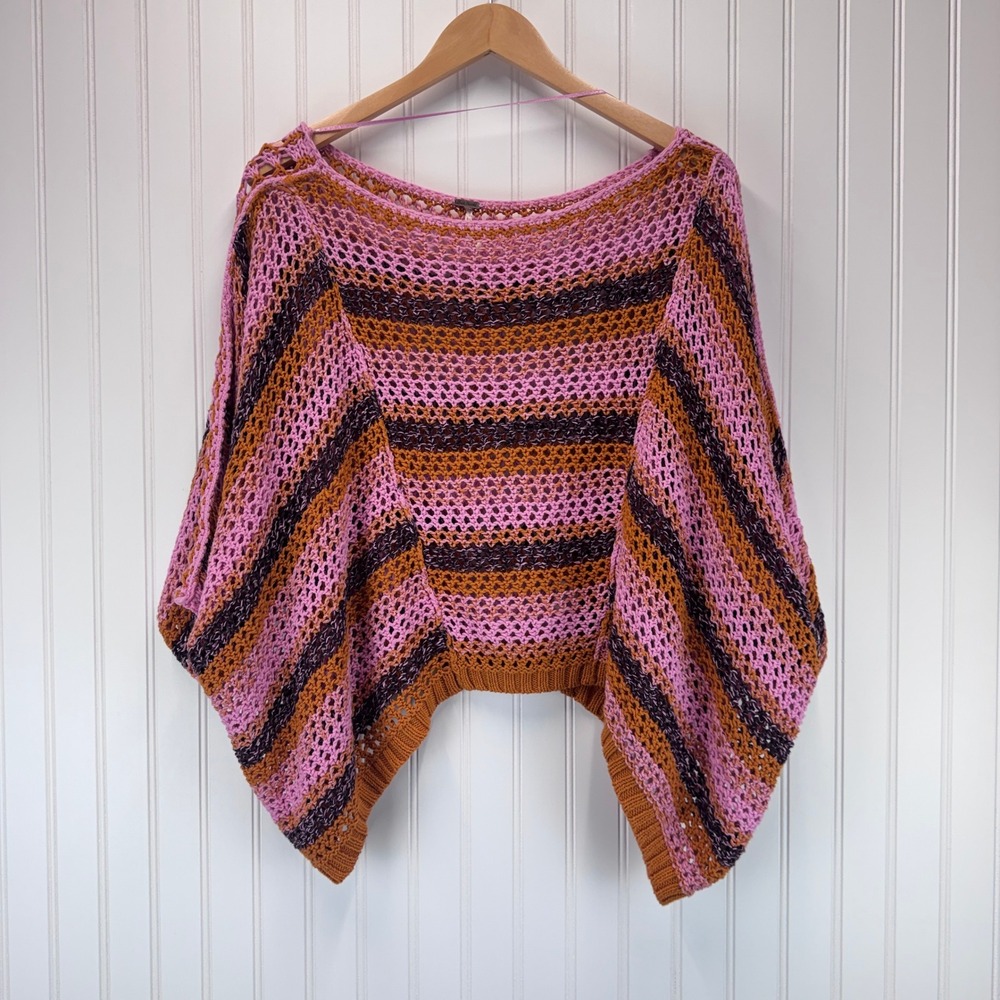 Free People Poncho Sweater Womens S Pink Striped Boho Crochet Open Knit Cropped - Picture 2 of 6